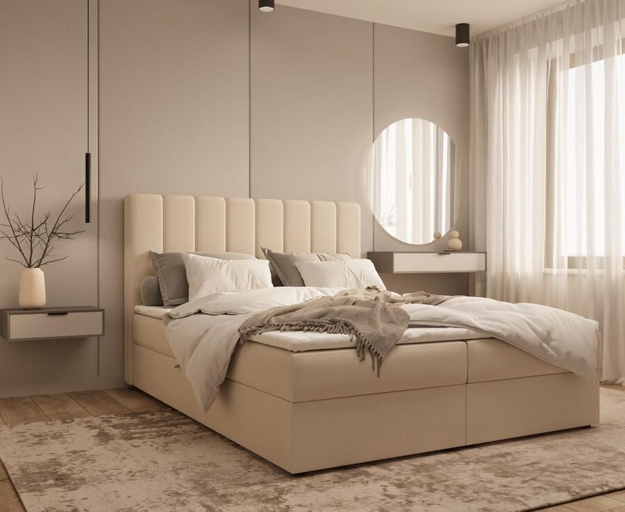 InspireME Gestoffeerd Continentaal Bed Bonell-matras en Topper Tweepersoonsbed met Gestoffeerd Hoofdeinde en Bedbox Boxspring BED 01 180x200 Trinity 2 Beige - Foto 2