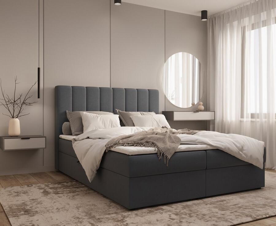 InspireME Gestoffeerd Continentaal Bed Bonell-matras en Topper Tweepersoonsbed met Gestoffeerd Hoofdeinde en Bedbox Boxspring BED 01 180x200 Trinity 15 Grafiet - Foto 2