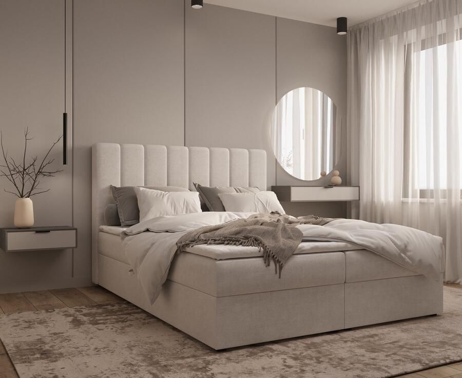 InspireME Gestoffeerd Continentaal Bed Bonell-matras en Topper Tweepersoonsbed met Gestoffeerd Hoofdeinde en Bedbox Boxspring BED 01 180x200 Trinity 32 Zilver - Foto 2