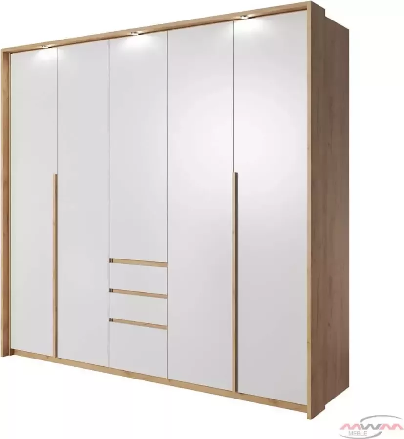 InspireME -Kledingkast Grote kledingkast Garderobekast met planken en kledingstang 3 deuren-2 laden (229 4 65 215 5)- MORNING 230 (Zand eiken + wit + LED verlichting)