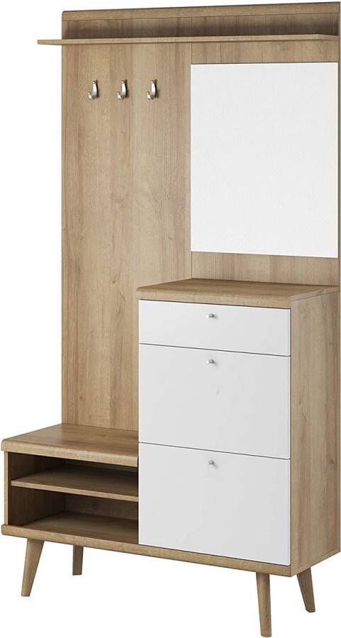 InspireME Kledingkast Hal garderobekast Compacte garderobe halkast Wandkast plank Meubelhal & gang garderobe schoenenkast spiegel GUSTO (Wit Riviera Eiken)