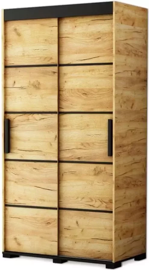 InspireME Kledingkast met 2 schuifdeuren Loft-stijl Industriële kledingkast Beukenhout poten Kledingkast met planken(BxHxD): 200 5x195x62 BERG 200 met 4 lades Goud Craft Eik + Zwart