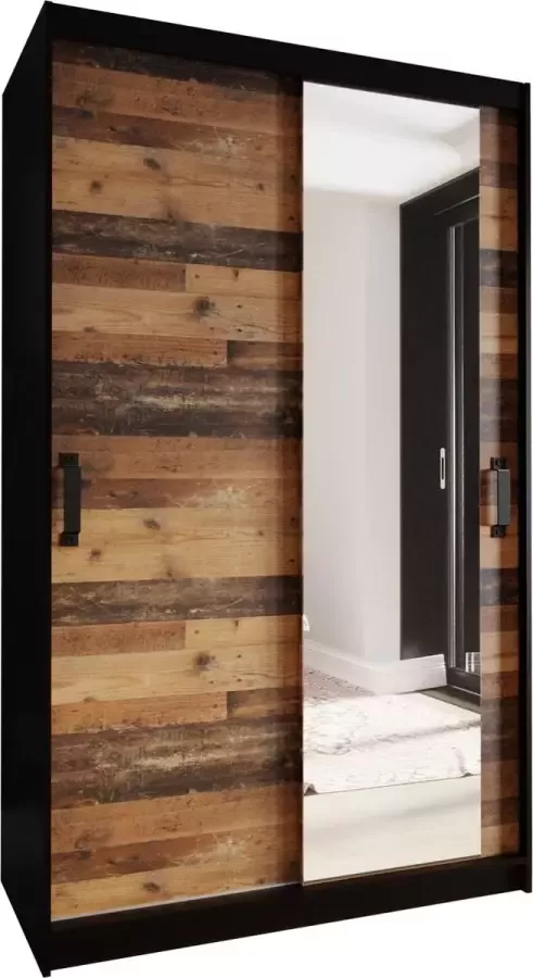 InspireME Kledingkast met 2 schuifdeuren Loft-stijl Industriële kledingkast met planken (BxHxD): 130x200x45 LAY 130 Hout oude stijl + Zwart