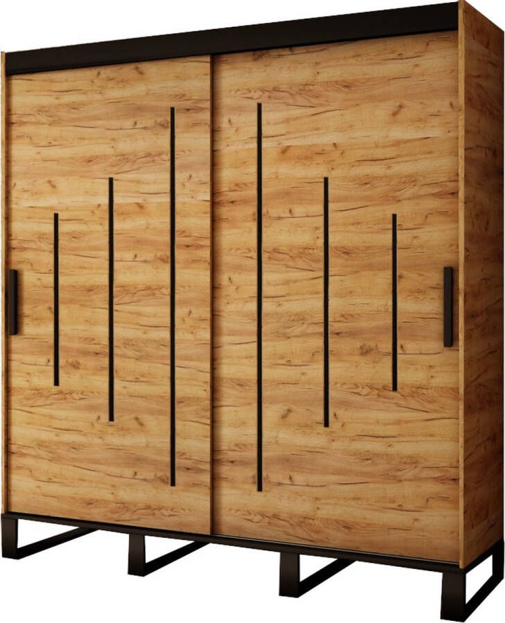 InspireME Kledingkast met 2 schuifdeuren Loft-stijl Industriële kledingkast Metalen poten Kledingkast met planken (BxHxD): 180 5x212x62 FOLT Y 180 zonder lades Goud Craft Eik + Zwart