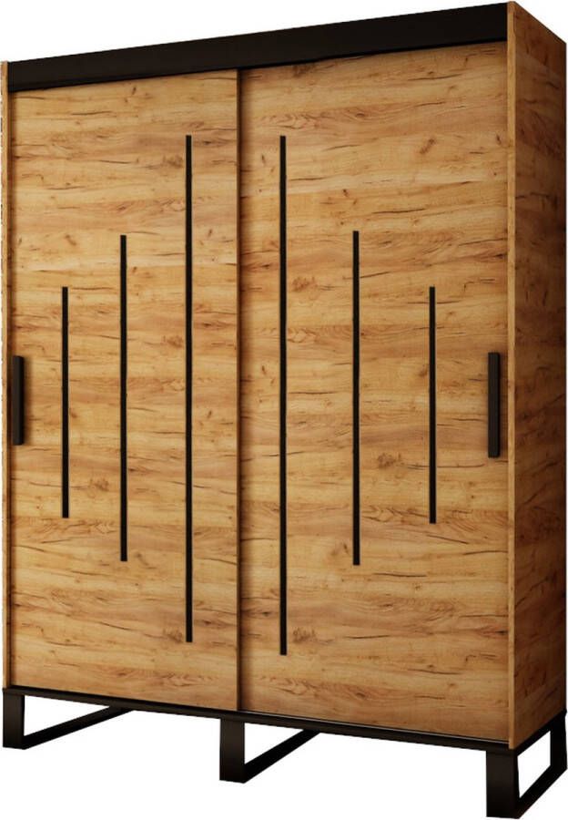 InspireME Kledingkast met 2 schuifdeuren Loft-stijl Industriële kledingkast Metalen poten Kledingkast met planken (BxHxD): 100 5x212x62 FOLT 100 zonder lades Goud Craft Eik + Zwart