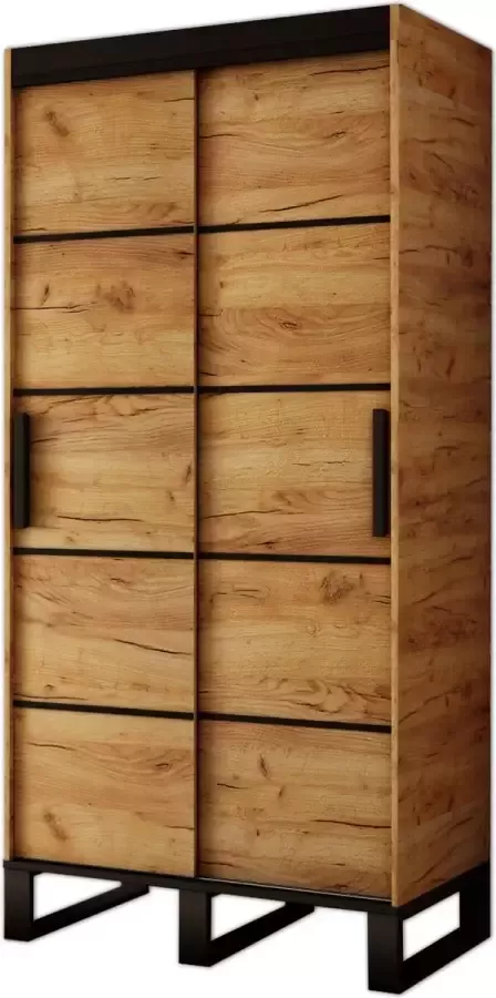 InspireME Kledingkast met 2 schuifdeuren Loft-stijl Industriële kledingkast Metalen poten Kledingkast met planken (BxHxD): 100 5x212x62 FOLT 100 zonder lades Goud Craft Eik + Zwart