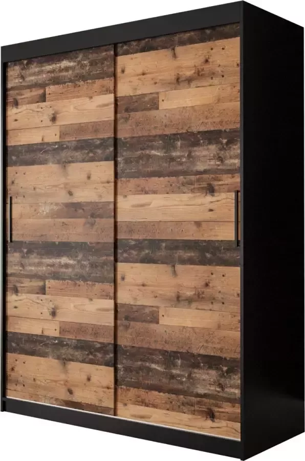 AJE Meubles B.V. Kledingkast met 2 schuifdeuren Modern-stijl Een kledingkast met planken (BxHxD): 150x200x62 ALTER T 150 Zwart Mat + Oude Stijl Hout