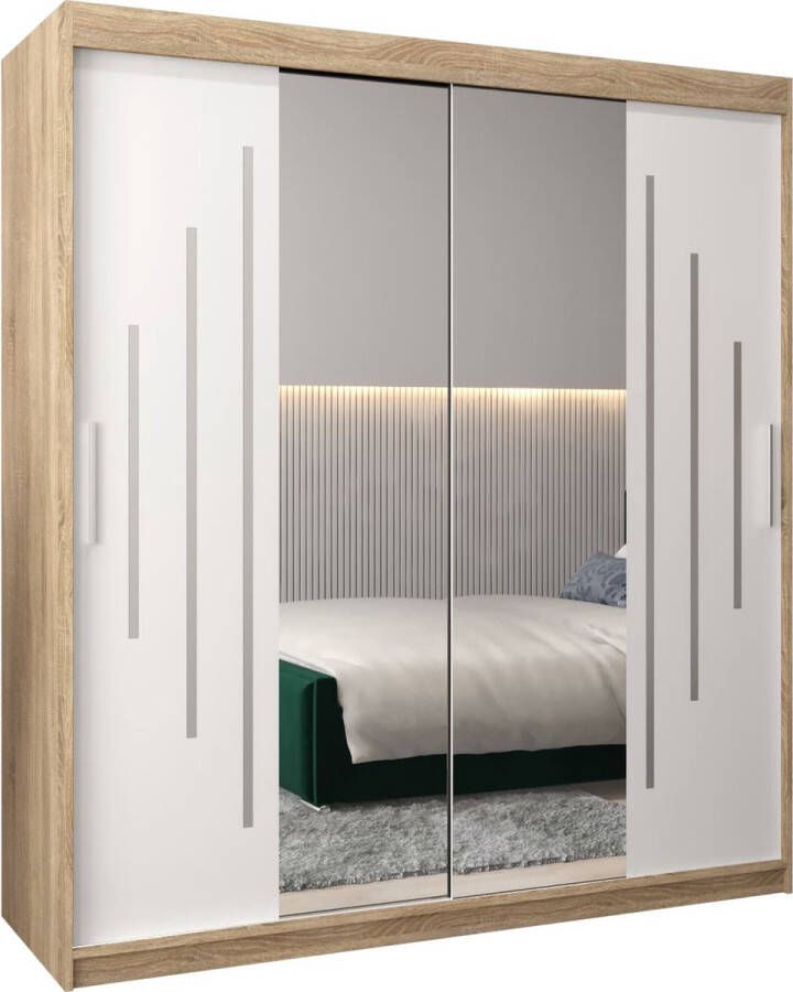 Trendmeubel InspireMe Kledingkast met 2 schuifdeuren Modern-stijl Een kledingkast met planken en een spiegel (BxHxD): 200x200x62 JARED Y1 200 Artisan Eik + Zwart Mat met 4 lades