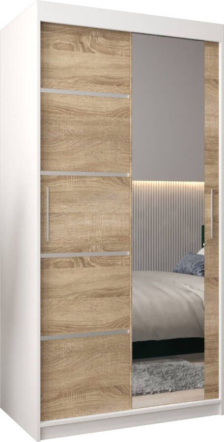 InspireME Kledingkast met 2 schuifdeuren Modern-stijl Kledingkast met planken (BxHxD): 100x200x62 VENTILA II 100 Wit Mat + Sonoma Eik
