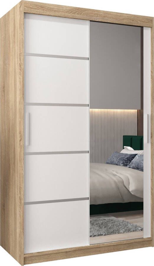 InspireME Kledingkast met 2 schuifdeuren Modern-stijl Kledingkast met planken (BxHxD): 120x200x62 VENTILA II 120 Sonoma Eik + Wit Mat