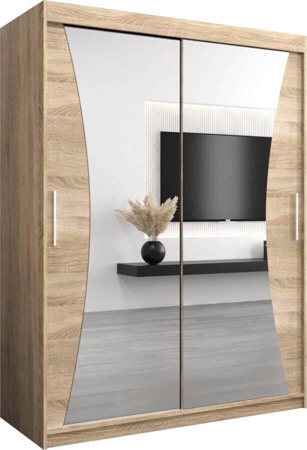 AJE Meubles B.V. Kledingkast met 2 schuifdeuren Modern-stijl Kledingkast met planken (BxHxD): 150x200x62 MEGRA 150 Sonoma Eik + Wit Mat met 2 lades