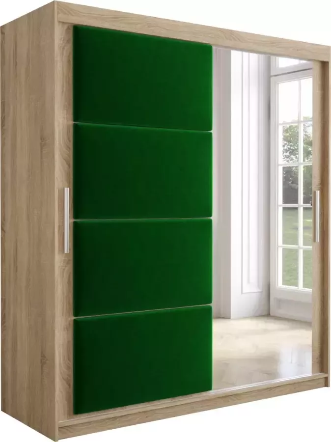InspireME Kledingkast met 2 schuifdeuren Modern-stijl Kledingkast met planken Kastfronten met spiegel en gestoffeerde panelen (BxHxD): 150x200x62 TAPILA 150 Sonoma Eik + Zwart