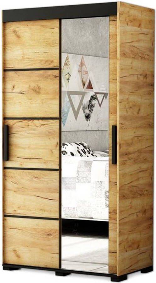 InspireME Kledingkast met 2 schuifdeuren Spiegeldeur Loft-stijl Industriële kledingkast Beukenhout poten Kledingkast met planken (BxHxD): 120 5x195x62 BERG V2 120 met 2 lades Goud Craft Eik + Zwart