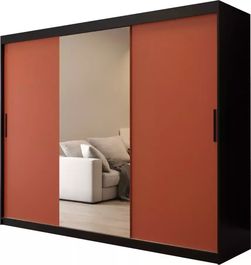 InspireME Kledingkast met 3 schuifdeuren Modern-stijl Een kledingkast met planken en een spiegel (BxHxD): 250x200x62 BOLA 250 Zwart Mat + Sonoma Eik