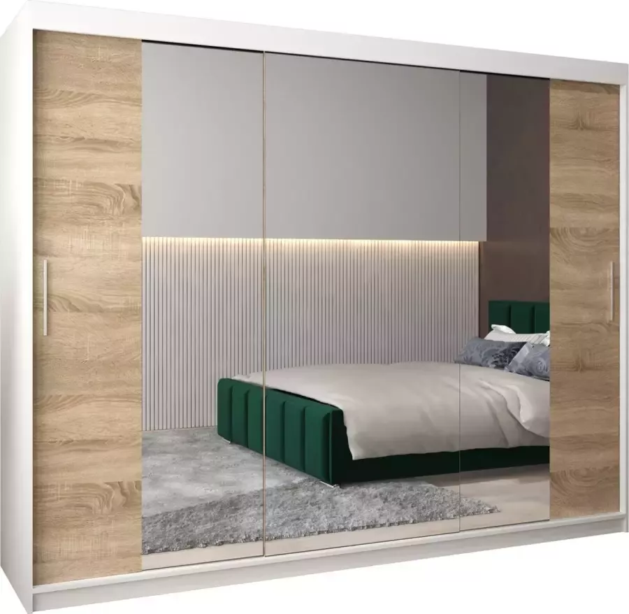 InspireME Kledingkast met 3 schuifdeuren Modern-stijl Kledingkast met planken (BxHxD): 250x200x62 TORM III 250 Zwart Mat + Wit Mat 4 lades