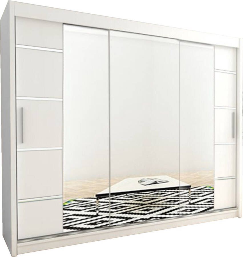 InspireME Kledingkast met 3 schuifdeuren Modern-stijl Kledingkast met planken (BxHxD): 250x200x62 VENTILA IV 250 Zwart Mat + Wit Mat 4 lades