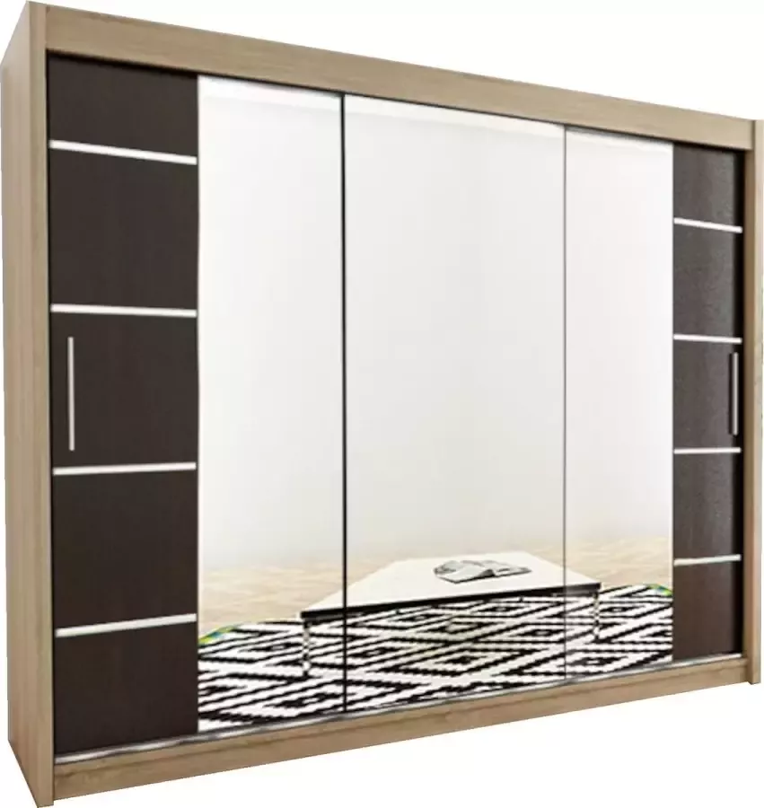 InspireME Kledingkast met 3 schuifdeuren Modern-stijl Kledingkast met planken (BxHxD): 250x200x62 VENTILA IV 250 Zwart Mat + Wit Mat 4 lades
