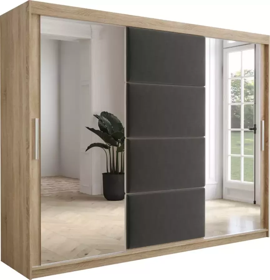 InspireME Kledingkast met 3 schuifdeuren Modern-stijl Kledingkast met planken Kastfronten met spiegel en gestoffeerde panelen (BxHxD): 250x200x62 TAPILA 250 Sonoma Eik + Munt met 4 lades