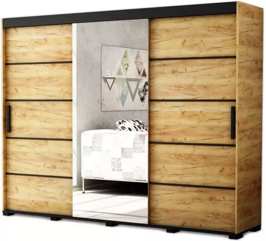 InspireME Kledingkast met 3 schuifdeuren Spiegeldeur Loft-stijl Industriële kledingkast Beukenhout poten Kledingkast met planken (BxHxD): 250 5x195x62 BERG V2 250 zonder lades Goud Craft Eik + Zwart