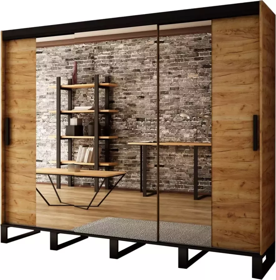 InspireME Kledingkast met 3 schuifdeuren Spiegeldeur Loft-stijl Industriële kledingkast Metalen poten Kledingkast met planken (BxHxD): 250x212x62 FOLT V2 250 met 4 lades Goud Craft Eik + Zwart