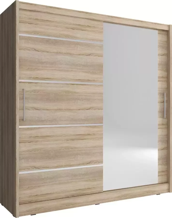 InspireME Kledingkast met schuifdeuren met spiegel 2-deurs kledingkast met ingebouwde planken en een kledingroede Kledingkastfronten met schuifdeuren met aluminium decoratie Borneo 1 ALU (Sonoma 200 cm)