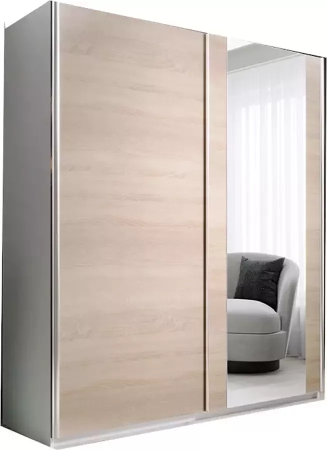 InspireME Kledingkast met spiegel 2-deurs kledingkast met planken en kledingroede kledingkast schuifdeuren BxHxD 180x200x55 PAXO 180 (Wit + Sonoma Eiken)