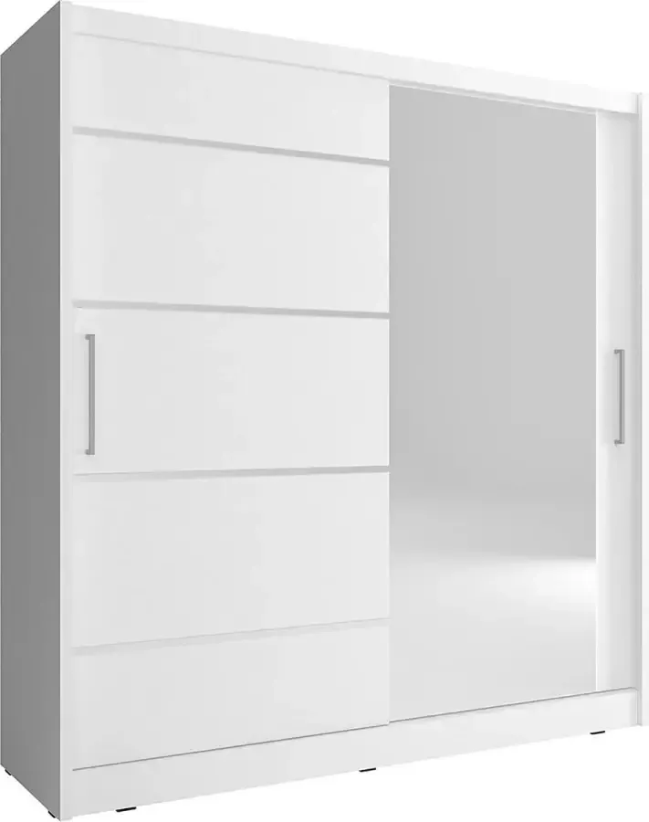 InspireME -Kledingkast schuifdeurkast met spiegel 2-deurs kledingkast met planken en kledingroede kledingkast schuifdeuren fronten met aluminium decoratie BORNEO 1 ALU (Wit 200 cm)