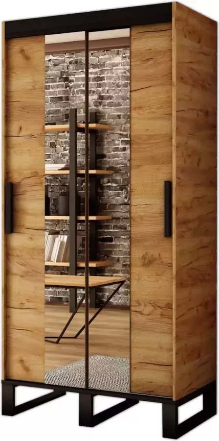 InspireME Kledingkast Slaapkamer Kast met 2 schuifdeuren en Loft-stijl spiegel industriele kledingkast metalen poten Kledingkast met planken (B x H x D): 120.5x212x62 -FOLT T1 120 Goud Oak + zwart ( Met 2 Laden)