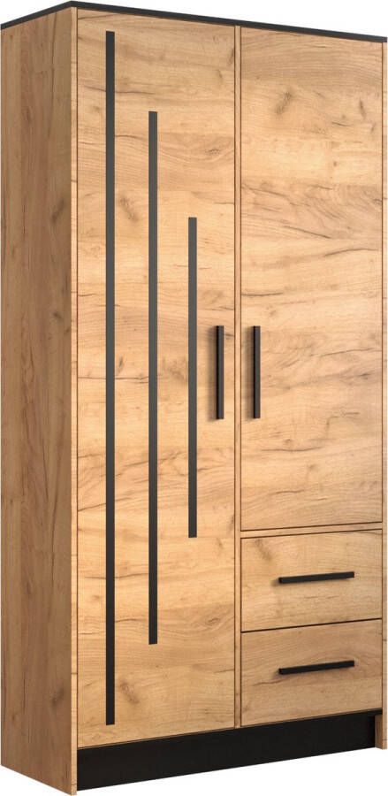 InspireME Kledingkast Slaapkamer Kledingkast Spiegel Kledingkast 2 gesloten deuren en 2 lades Kast met meerdere planken met ophangruimte (BxHxD): 103x202x40 cm ATLAM V 103 Gouden Eik + Zwart