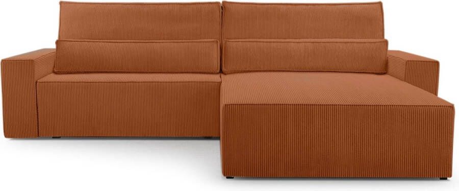 InspireME Hoekbank Corduroy met slaapfunctie en opbergruimte voor woonkame Longchair aan beide zijden monteerbaar- 297x85185 DENVER Poso 40 Oranje slaapbank met opbergruimte voor beddengoed