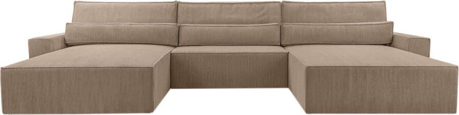 InspireME Moderne hoekbank U-vormige sofa hoekbank DENVER U Poso 03 Cappucino slaapbank met opbergruimte voor beddengoed