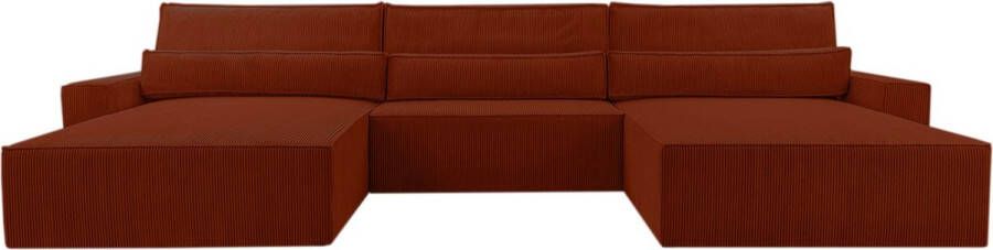 InspireME Moderne hoekbank U-vormige sofa hoekbank DENVER U Poso 39 Donker oranje slaapbank met opbergruimte voor beddengoed