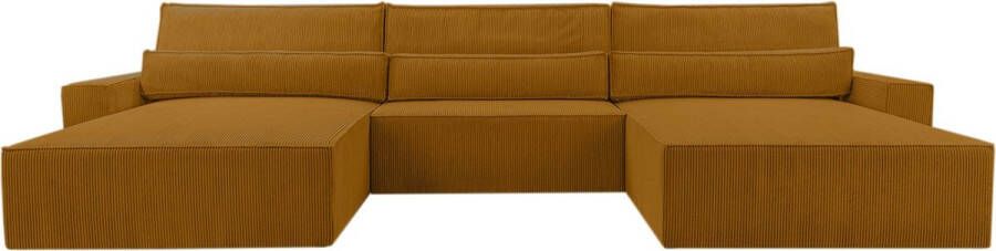 InspireME Moderne hoekbank U-vormige sofa hoekbank DENVER U Poso 42 Donkergeel slaapbank met opbergruimte voor beddengoed