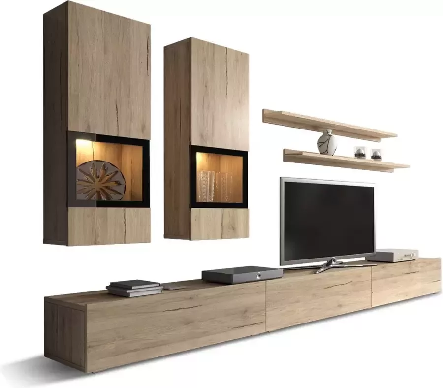 Trendmeubel Tv-meubelset 6 elementen moderne stijl ROSBAR 10 wandmeubel (San Remo + Zwart) Tv-kast van 270cm en 5 deuren