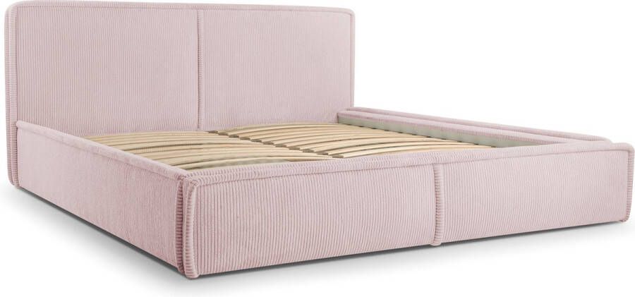 InspireME Tweepersoonsbed met fluwelen bekleding corduroy met hoofdeinde lattenbodem bed voor volwassenen BETT 04 140x200 Flamingo (Poso 52)