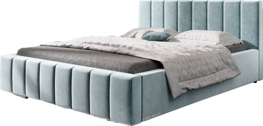 InspireME Tweepersoonsbed met fluwelen bekleding met hoofdeinde lattenbodem bed voor volwassenen BETT 01 140x200 Lichtblauw (TRINITY 22)