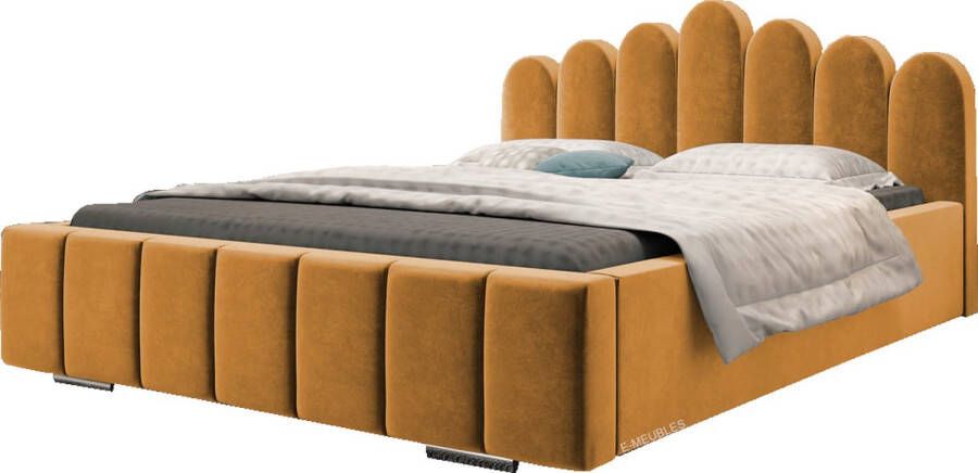 InspireME Tweepersoonsbed met fluwelen bekleding met hoofdeinde lattenbodem bed voor volwassenen BETT 03 160x200 Donker geel (TRINITY 26)