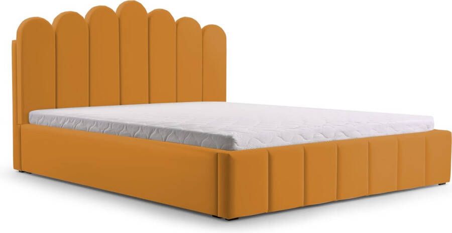 InspireME Tweepersoonsbed met fluwelen bekleding met hoofdeinde lattenbodem bed voor volwassenen BETT 03 180x200 Donker geel (TRINITY 26)