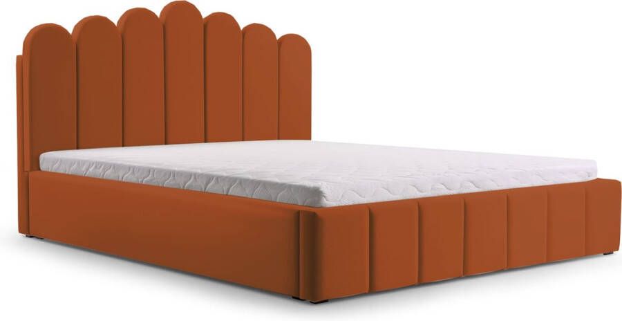InspireME Tweepersoonsbed met fluwelen bekleding met hoofdeinde lattenbodem bed voor volwassenen BETT 03 140x200 Donker oranje (TRINITY 25)