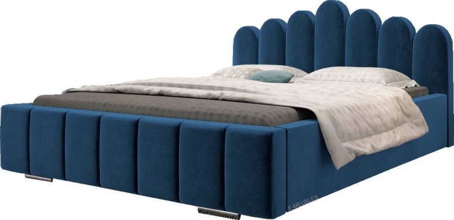 InspireME Tweepersoonsbed met fluwelen bekleding met hoofdeinde lattenbodem bed voor volwassenen BETT 03 140x200 Donkerblauw (TRINITY 31)