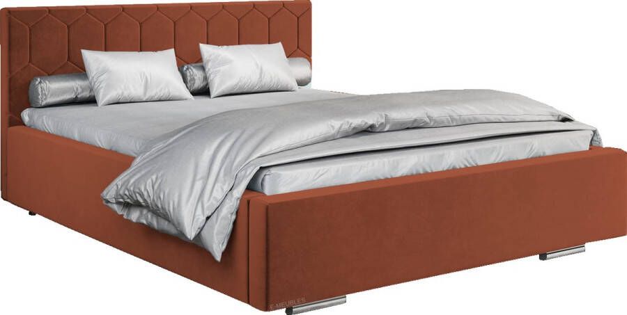 InspireME Tweepersoonsbed met fluwelen bekleding met hoofdeinde lattenbodem bed voor volwassenen BETT 02 180x200 Donker oranje (TRINITY 25)