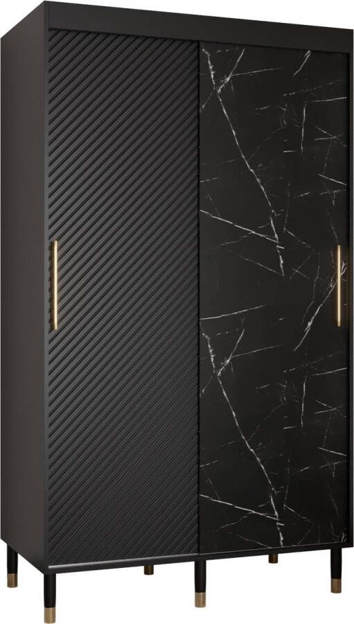 InspireME Zweefdeurkast Kledingkast met 2 schuifdeuren Garderobekast slaapkamerkast Kledingstang met planken elegante kledingkast glamoureuze stijl (LxHxP): 120x208x62 cm CAPS JM (Zwart 120 cm)