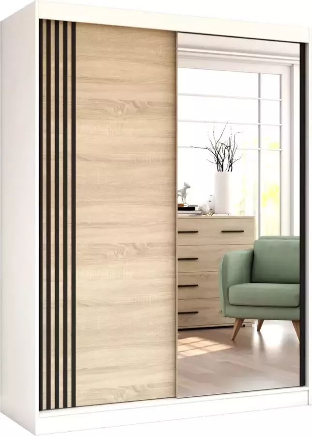 E-MEUBILAIR Zweefdeurkast Kledingkast met Spiegel Garderobekast met planken en kledingstang 150x61x200 cm (BxDxH) LARA 05 (Zwart + Wit) - Foto 2