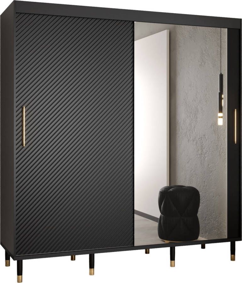 InspireME Zweefdeurkast met spiegel Kledingkast met 2 schuifdeuren Garderobekast slaapkamerkast Kledingstang met planken elegante kledingkast glamoureuze stijl (LxHxP): 200x208x62 cm CAPS J2 (Zwart 200 cm)