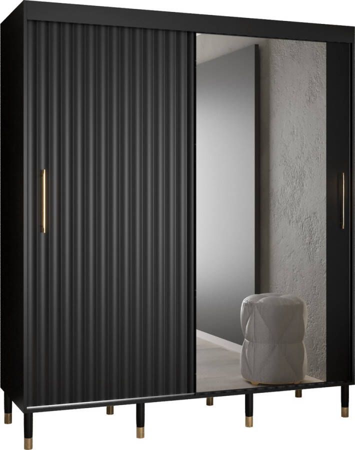 InspireME Zweefdeurkast met spiegel Kledingkast met 2 schuifdeuren Garderobekast slaapkamerkast Kledingstang met planken elegante kledingkast glamoureuze stijl (LxHxP): 180x208x62 cm CAPS RW2 (Zwart 180 cm) met lades