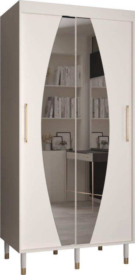 InspireME Zweefdeurkast met spiegel Kledingkast met 2 schuifdeuren Garderobekast slaapkamerkast Kledingstang met planken elegante kledingkast glamoureuze stijl (LxHxP): 100x208x62 cm CAPS ELY (Wit 100 cm)
