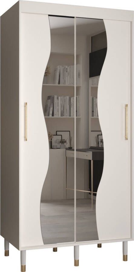 InspireME Zweefdeurkast met spiegel Kledingkast met 2 schuifdeuren Garderobekast slaapkamerkast Kledingstang met planken elegante kledingkast glamoureuze stijl (LxHxP): 100x208x62 cm CAPS MAD (Wit 100 cm) met lades