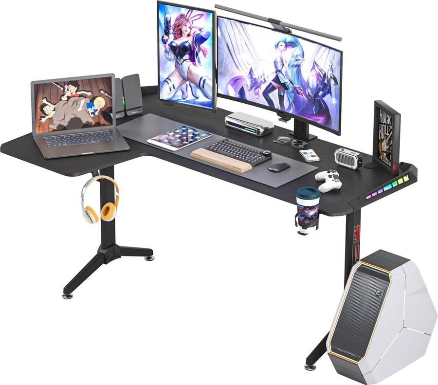 Instinct Groot L-Vormig staand Bureau 60 Inch Gaming Hoekbureau met Verstelbare Hoogte en RGB LED-Verlichting links