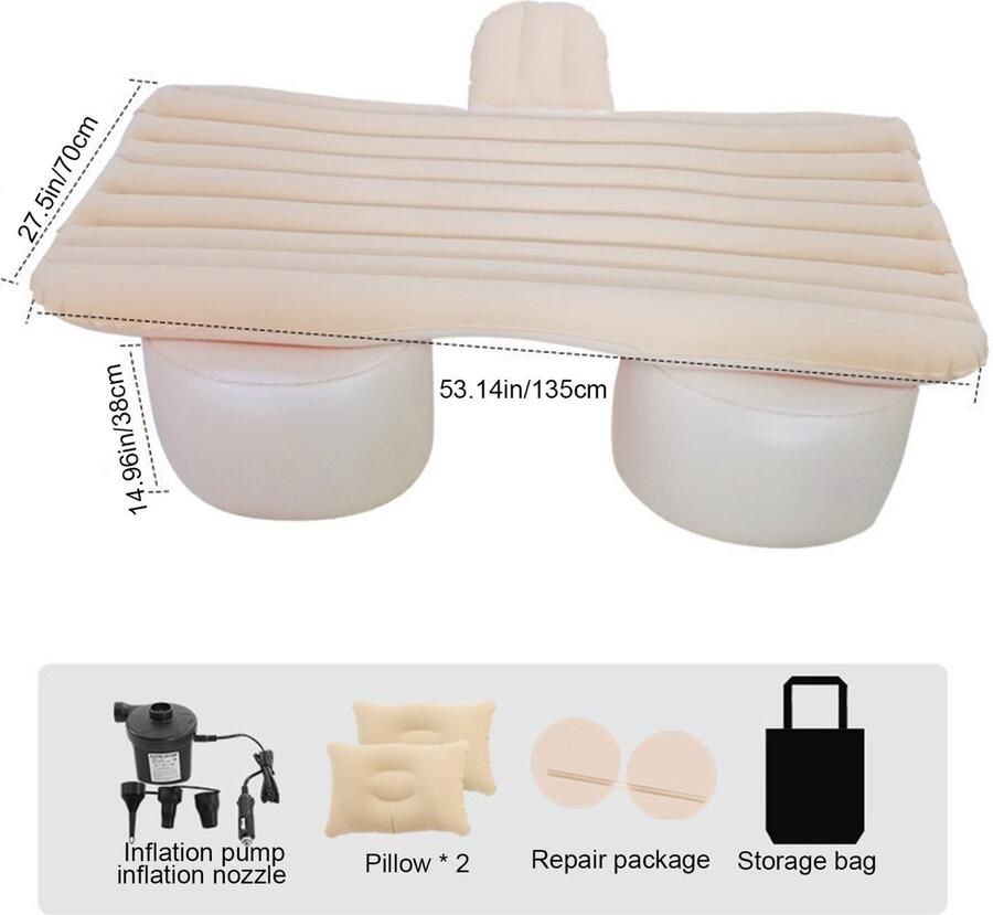 Mercadome Opblaasbaar Autobed Auto luchtbed Auto matras Comfortabel Veelzijdig Incl. pomp & Kussens 135x70x38cm Zwart - Foto 2