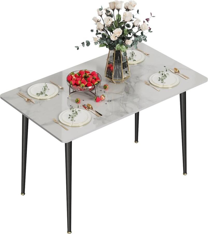 Instinct Rechthoekige Eettafel Moderne Eetkamer Tafel met Witte Gesinterde Steen Top en Metalen Poten 120x70x76cm
